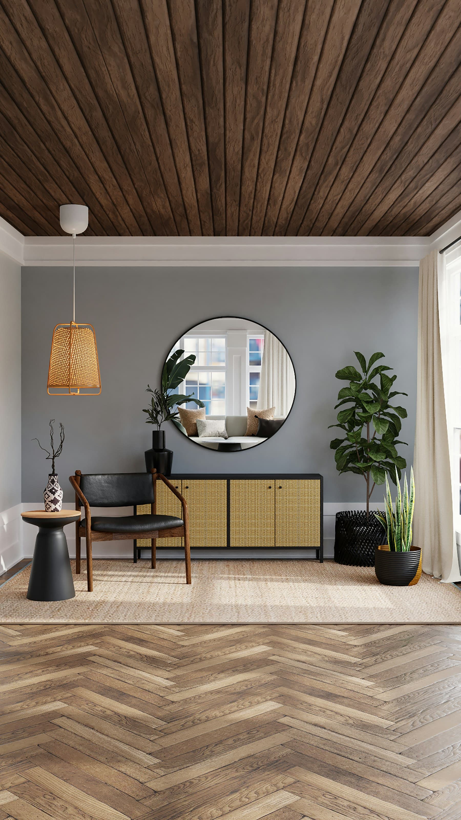 Bright, welcoming living room with plants and neatly arranged furniture